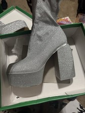 Women s Silver Glitter Platform Ankle Boots Round Toe Synthetic Size 11