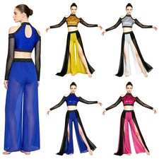 Women Split Pants Talent Mesh Top Competition Lyrical Dance Flowy Sequin Show