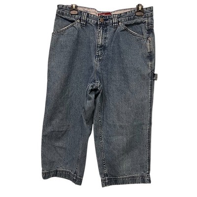Vintage 90 s Y2K Woman s cargo painter utility cropped Denim Blue jeans Sz 10