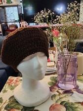 Handmade Crochet Nefertiti Style Brown Beanie w/Front Post Stitch - NEW