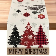 Red Pine Trees Merry Christmas Table Runner, Snowflake Table Runner, Seasonal...