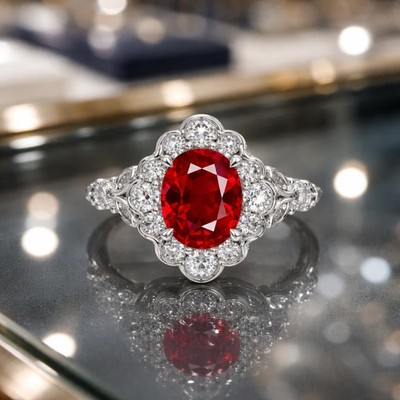 5.20Ct Oval Cut Natural Red Ruby & Diamond Solid 18K White Gold Proposal Ring