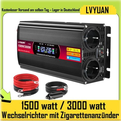 1500W 3000W Wechselrichter 12V zu 230V Spannungswandler USB 2AC LCD Campen Boat