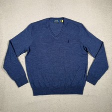 Polo Ralph Lauren Sweater Mens Medium Blue 100 Merino Wool Washable Preppy Pony