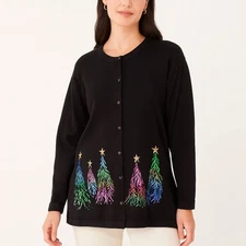 Quacker Factory Embroidered Sequin Christmas Tree Cardigan Women 3X Black NWT