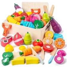 32 Pcs Wooden Play Food Sets for Kids Kitchen Accessories, Montessori Educati...