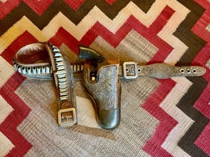 Antique Charro Silver Gun Rig, 1910 Fully Silver Thread Piteado, Sterling Mount