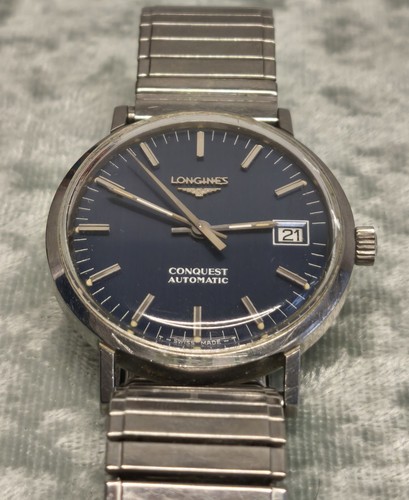 RARE VINTAGE LONGINES BLUE FACE CONQUEST AUTOMATIC STAINLESS STEEL CASE & BAND! - Picture 1 of 18