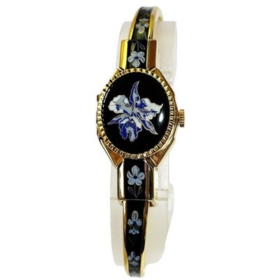 Andre Mouche Swiss Quartz Bangle Watch Floral Navy Gold Used | eBay