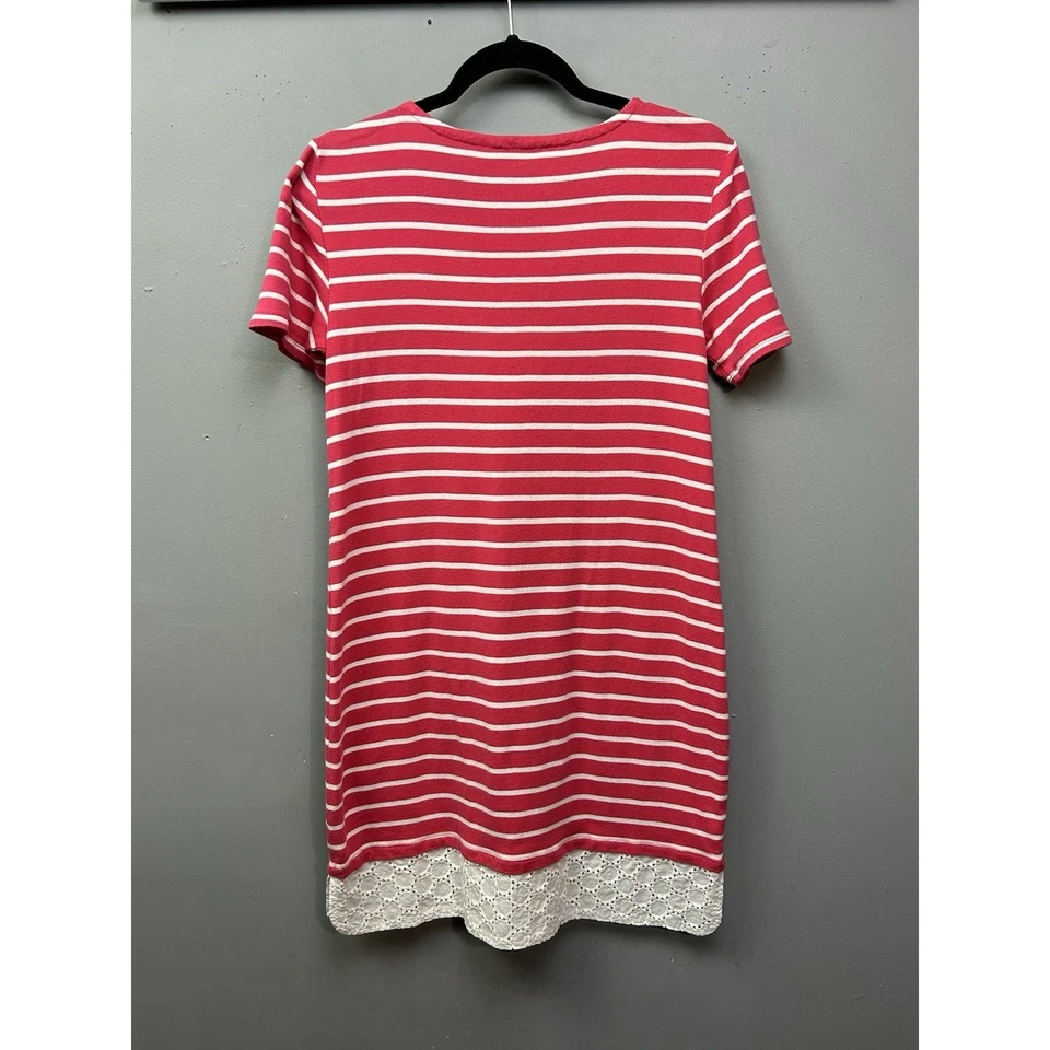 Tommy Hilfiger Striped T-Shirt Shift Dress Womens Medium Pink Eyelet Lace Trim - Image 2 of 4