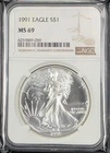 1991 American Silver Eagle $1 NGC MS69 ASE US Graded Coin Slab .999 1 Oz