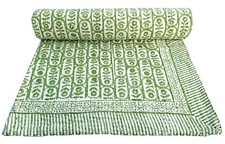 Green Handmade Cotton Blue Kantha Quilt Throw Block Print King Size Bedspread