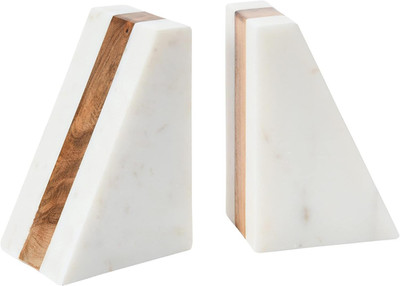 Marble Bookends Geometric Triangle with Wood Inlay Set of 2 White Natural Stone