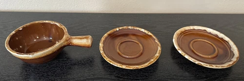 Vintage Monmouth Western Brown Drip Glaze Handle Soup Bowl & 2 Plates Maple Leaf
