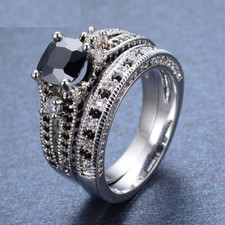 Solid 925 Silver 3.1 Ct Cushion Black Onyx With CZ Diamond Band Split Bridal Set