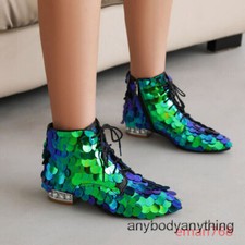 Glitter Womens Ankle Boots Pointed Toe Lace Up Sequins Party Show Autumn Shoes