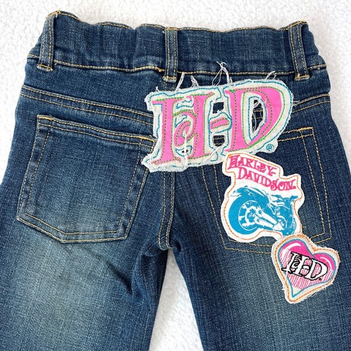 Harley Davidson Pants Girls 4 Blue Jeans Denim Patches Motorcycle Kids 20x16 - Picture 8 of 10