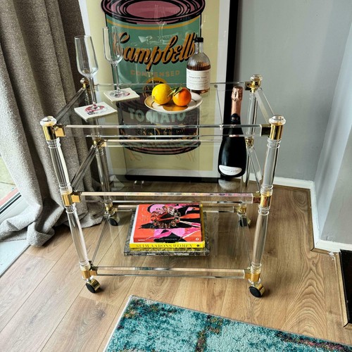 1970s Lucite And Brass Bar Cart Drinks Trolley Hollywood Regency Glam - Picture 3 of 3