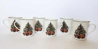 Royal Tudor English Bone China Coffee Tea Cups Mugs Set of 6 Christmas Tree