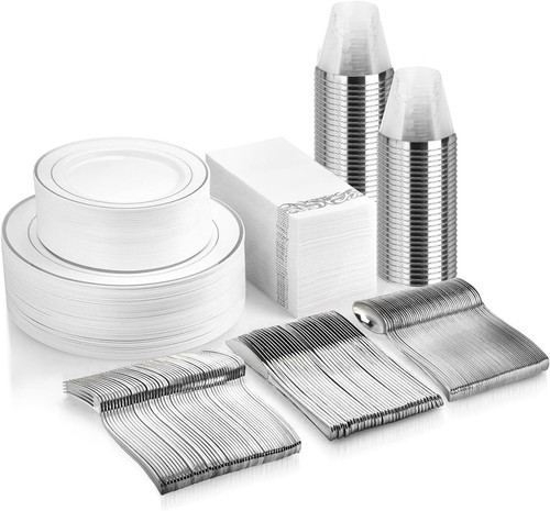 350-Piece Plastic Silver Dinnerware Set: Elegant & Disposable for Gatherings - Picture 3 of 9