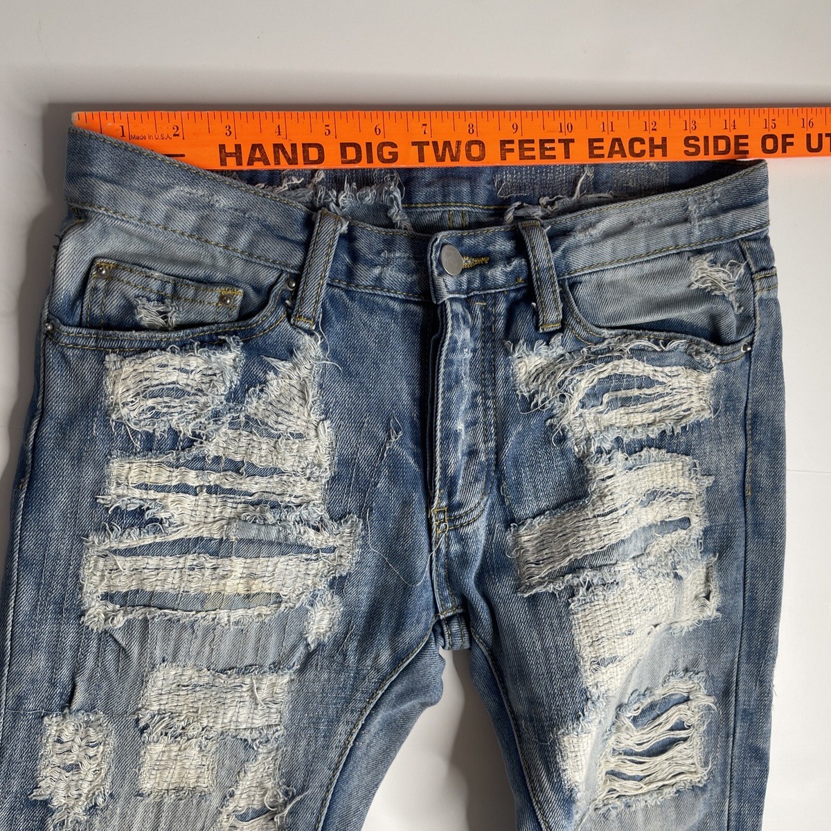 MNML Women Skinny Jeans Sz 28 Button Fly Blue Distress Denim