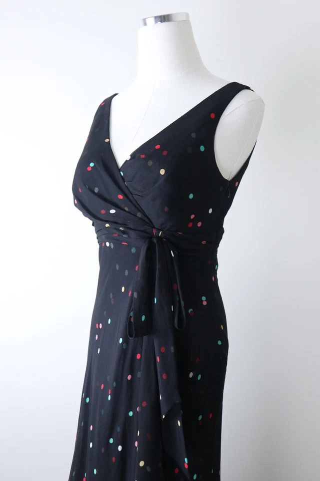 Vestido midi vintage años 90 Anne Klein talla 4 seda punteado imitación envoltura negro chifón Foto 4 de 4
