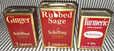 LOT OF 3 SET VTG SCHILLING GINGER & SAGE & TURMERIC RED SPICE TINS SAN FRANCISCO