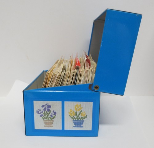 Vtg Blue Recipe File Box Syndicate Mfg Co Kitchen Cross Stitch Flowers w/Recipes - Picture 4 of 12