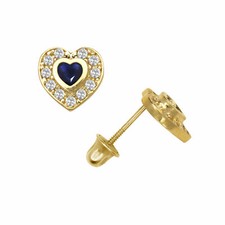 Blue Sapphire Halo CZ Heart Shape Child Stud Earrings Screw Back 14K Yellow Gold