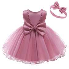 Girls Summer Cute Solid Color Big Bow Pearl Back V-neck Princess Puff Dress