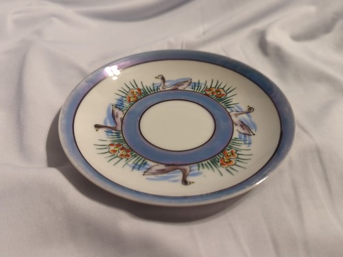 1950er Jahre (?) Nicht markenlose Lusterware Entenuntertasse, weiß & blau, französische Herstellung GEBRAUCHT - Bild 5 von 12
