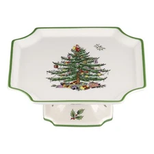 Spode 10" Footed Square Cake Plate, Christmas Tree Holiday Treat & Dessert Stand