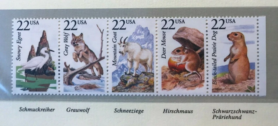USA 1987 5er-Streifen Reiher Wolf Schneeziege Hirschmaus Präriehund postfrisch - Bild 1 von 1