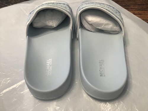 NEW Michael Kors Women's Gilmore Slides Light Blue White MK Logo Slip On Sz.7 - Picture 6 of 11