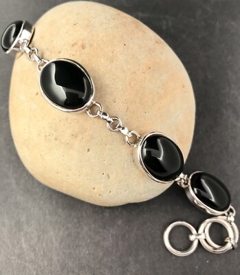 ECHTES SCHWARZES ONYX EDELSTEIN ARMBAND .925 STERLINGSILBER SCHNELLER KOSTENLOSER VERSAND!