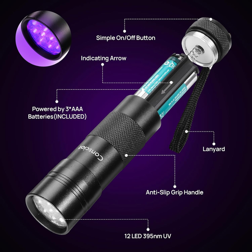 UV Flashlight Black Light, Consciot 12 LED 395Nm Ultraviolet Blacklight - Picture 2 of 8
