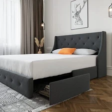 Upholstered Full Bed Frame with 4 Storage Drawers & Wingback Headboard,Dark Grey