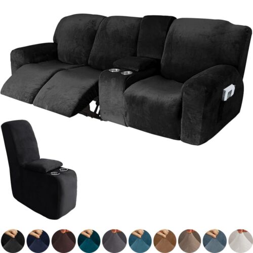 Stretch Velvet Recliner Sofa Covers 3-Seater Middle Console Slipcover 10-Piece - Picture 10 of 21