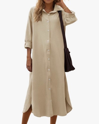 Women Cotton Blend Shirt Lagenlook Beige Dress Loose 3/4 Sleeve Maxi Dresses Med - Picture 3 of 8