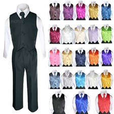6pc Formal Baby Boy Toddler Black Pants Vest Necktie Suit  Colored Vest Set