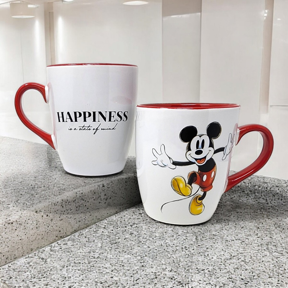 Disney Mickey Mouse Coffee Tea Mugs 16oz Set Of 2 Happiness Is A State Of  Mind | eBay