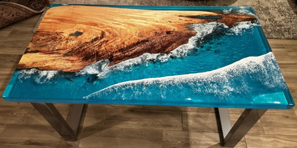 Epoxy Resin Ocean Wave River Dining Table Handcrafted Wood Bar Console Top