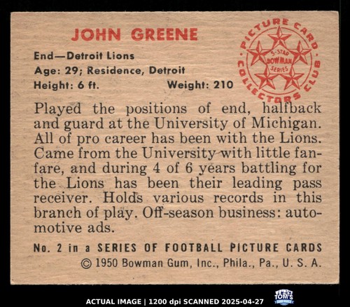 1950 Bowman #2 JOHN GREENE RC VG-EX (crease) - Picture 2 of 3