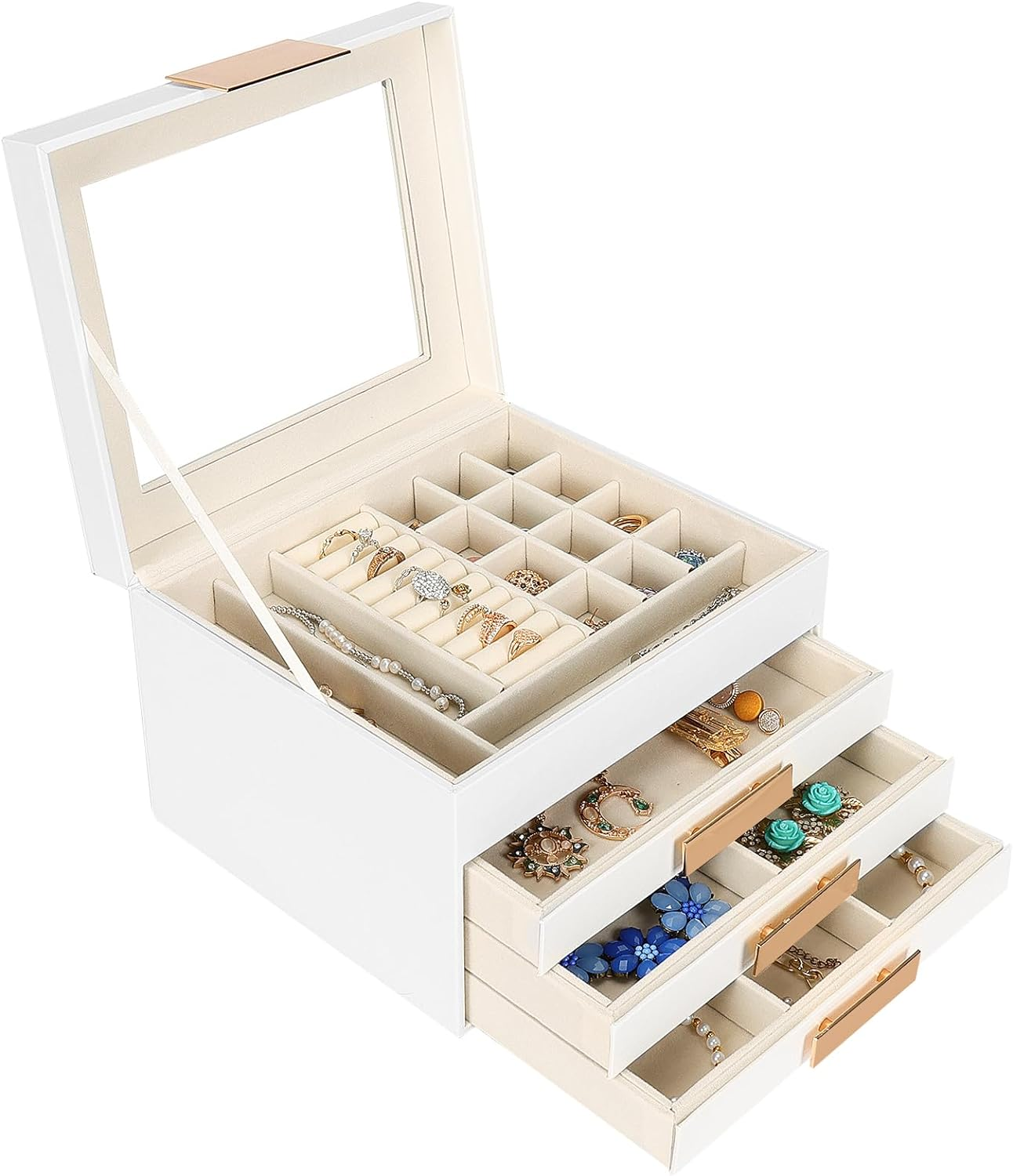 Jewelry Organizer Box, 4 Layers Modern Jewelry Organizer with Glass Lid and Draw-image