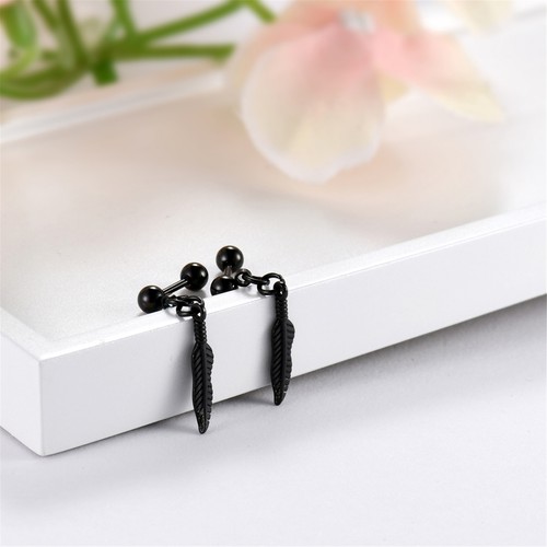 Mens Womens Stainless Steel Punk Feather Dangle Drop Barbell Ball Earrings Stud - Picture 5 of 18