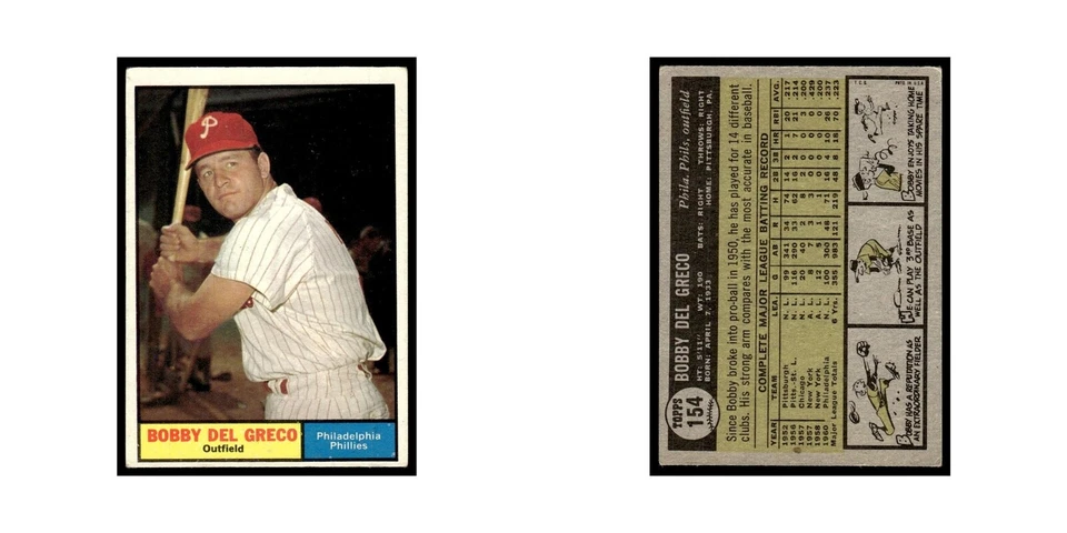 Bobby Del Greco 1961 Topps #154 Philadelphia Phillies Baseball Card VG - Image 3 of 3