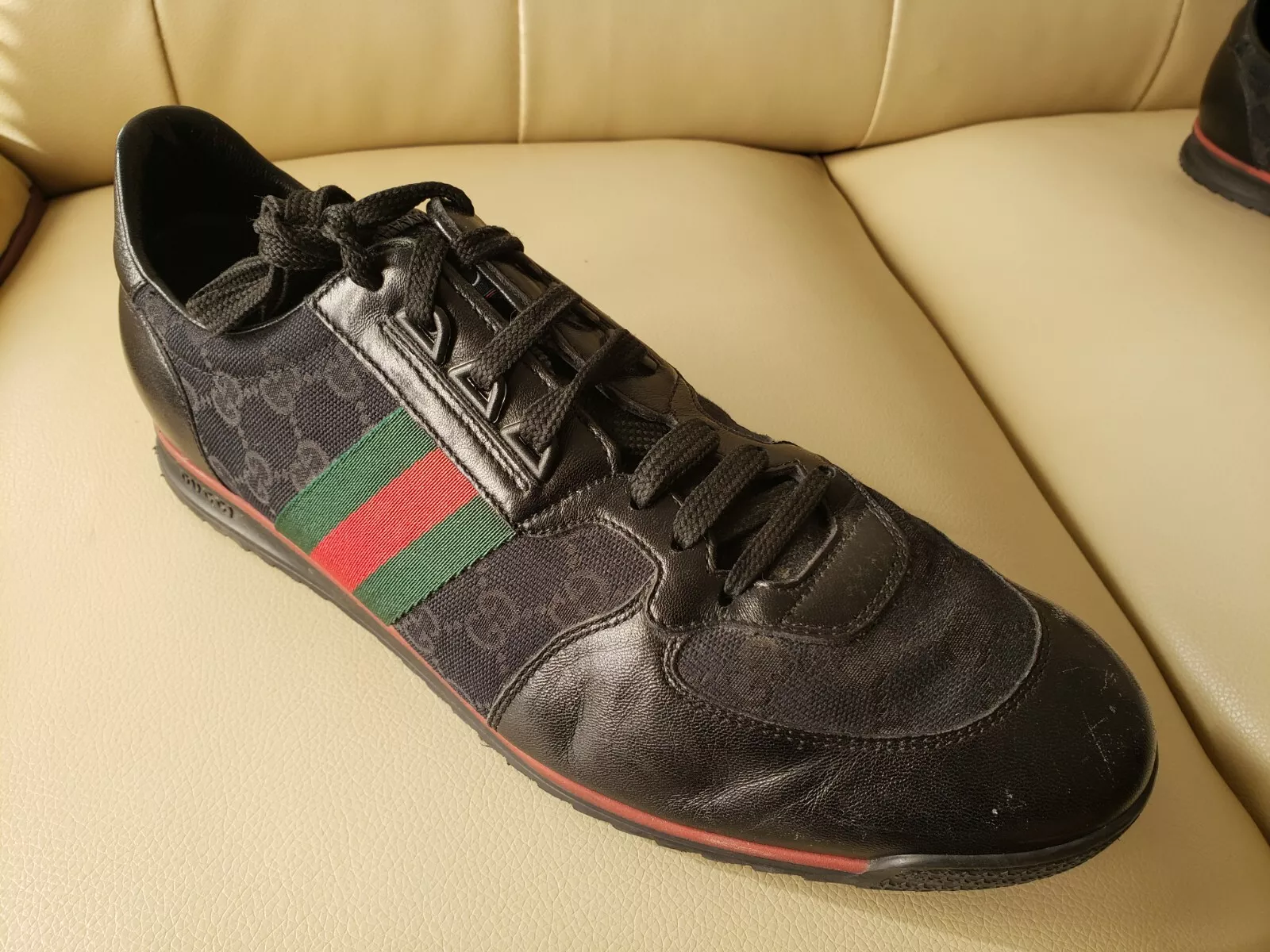 Baskets GUCCI LUXE DRAPEAU NOIR toile et cuir hommes 10G UK / 11G US Ret 1