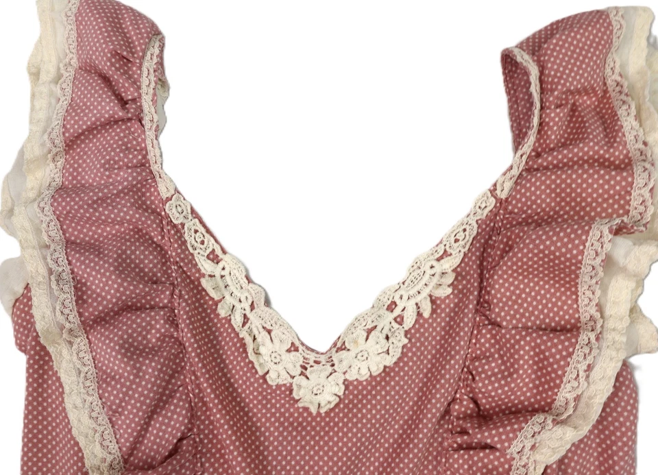 VTG 70s GUNNE SAX XXS Cottage Core Prairie Polka Dot Print Midi Lace Dress Pink - Image 4 of 4