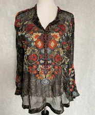 JOHNNY WAS Biya Size M Kona Silk Floral Embroidered 3/4 Button Lg Slv Blouse NEW