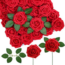 50 pcs Real Touch Red Roses with Stems  Silk Leaves - Bulk Artificial Flower...